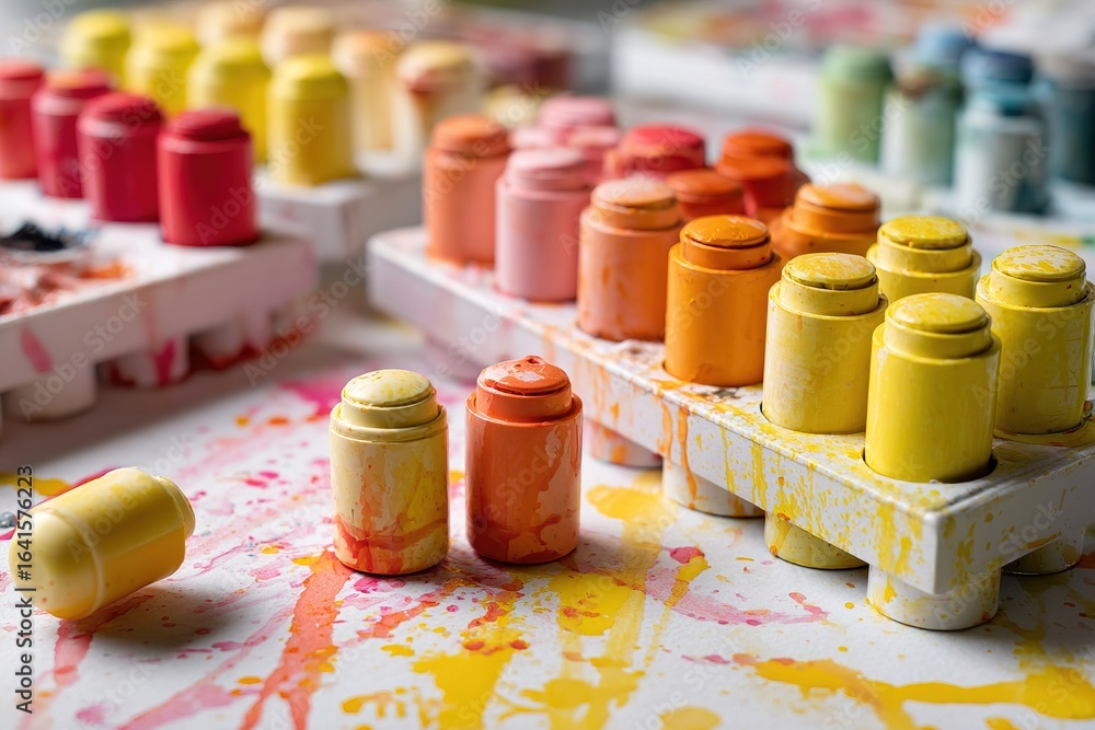 Poster brightly colored paints arranged on a table for an artistic project in a creative workspace during d