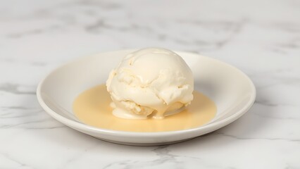A single scoop of vanilla ice cream on a ceramic plate, showcasing creamy texture with subtle drips against a minimalist marble background.