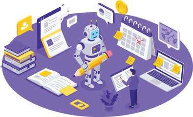 Education and productivity illustration featuring robot assistant, books, laptop, calendar, sticky notes, and document for learning, organization, and task management themes