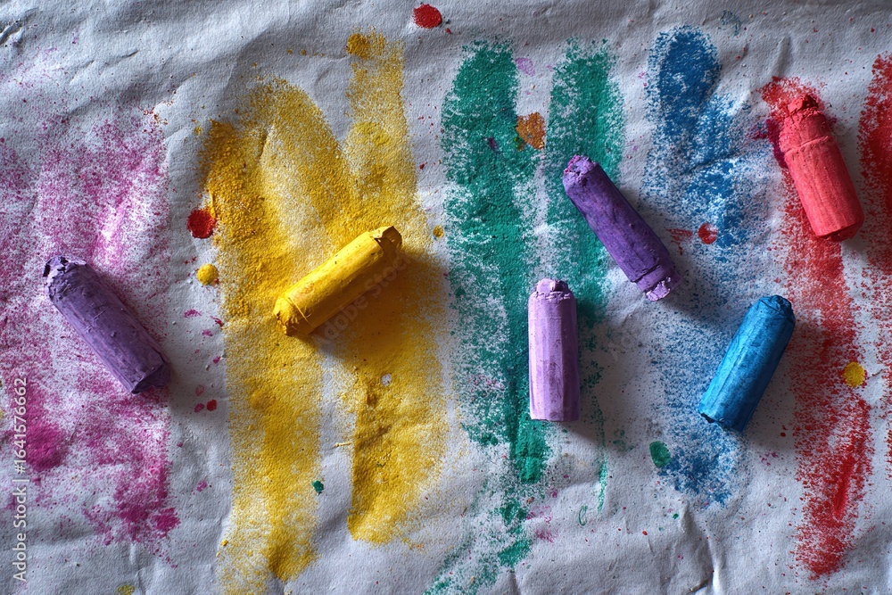 Poster vibrant colored chalk pieces scattered on a textured surface, creating artistic patterns in bright h