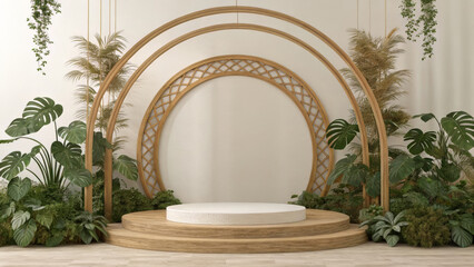 A chic stage with a woven circular arch, tiered wooden podium, and a mix of green and dried plants