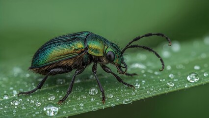 Extreme close-up featuring a tiger beetle (Cicindelidae) and a green leaf beetle in macro view