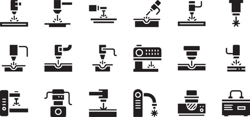 Industrial Machinery and Manufacturing Tools Icon Set in Line Style. Editable Vector Collection of 20 Black and White Outline Symbols for Factory, Engineering, and Production Processes
