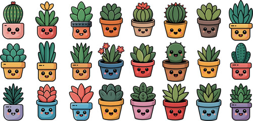 Cartoon Succulent and Cactus Icon Set, Succulent icon set, Cactus Icons, cartoon flora vector set, smiling pot plant graphics, succulent sticker designs, cactus emoji icons