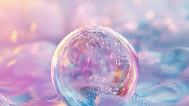 Large soap bubble floating on a sudsy surface with iridescent colors