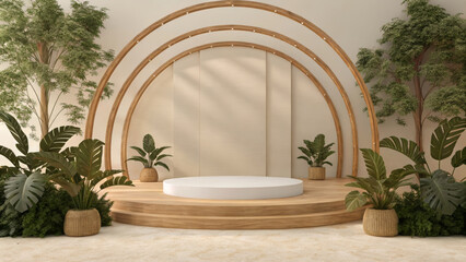 A natural stage with a round bamboo arch and lush green plants, perfect for displays
