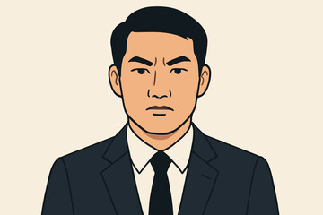 Professional Asian businessman illustration, flat vector art, formal suit, tie, upper body, serious expression, confident corporate male portrait for business and HR concepts, modern office backdrop