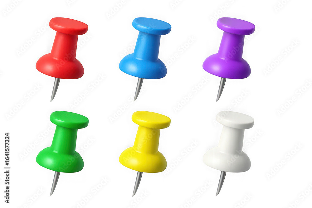 Poster six colorful thumbtacks arranged in two rows on a transparent background isolated on transparent bac