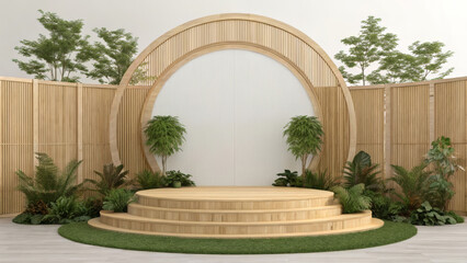 Fototapeta premium A tiered wooden stage with a bamboo fence backdrop and green plants, for presentations