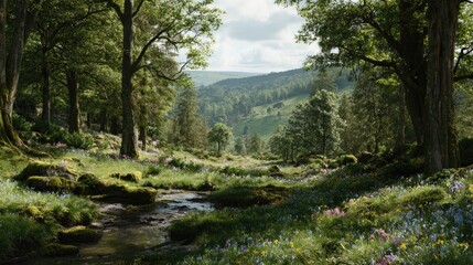 Obraz premium Colorful Meadow With Stream In Sunny Forest