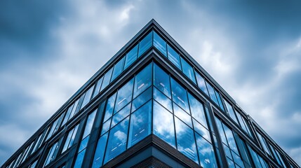 Modern Glass Building Corner Reflecting Cloudy Sky, Architectural Design, Commercial Real Estate, Blue Tone
