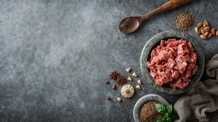 Natural minced meat with cooking components, wooden spoon, and spice grinder on a gray stone countertop, bird's-eye view, text space available