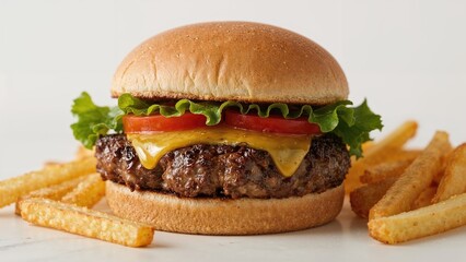 Close-up of a delicious homemade meat burger with fries