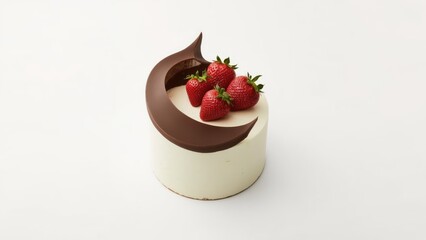 Sweet treats adorned with strawberries and chocolate against a clean background