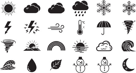 Weather and Climate Icon Set in Line Style. Editable Vector Collection of 24 Black and White Outline Symbols for Forecast, Natural Elements, and Seasonal Conditions