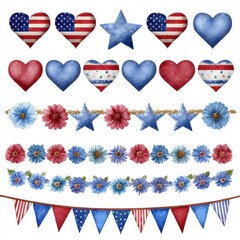 Obraz premium Collection of patriotic american holiday decorations including hearts stars and banners isolated on white background