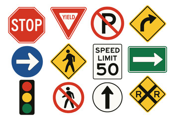 Traffic Signs and Symbols Vector Set. Realistic Stop, Yield, No Parking, Speed Limit, Arrow, Pedestrian Crossing, Railroad Crossing, Traffic Light, Road Signs. Urban Street Safety Illustrations