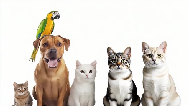 This cheerful image features a dog with a parrot, plus two cats. They sit against a white backdrop, perfect for pet-related content showcasing a colorful parrot, and pet compatibility.