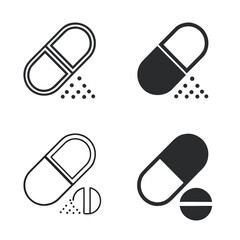 Four medical capsule and pill icons with powder spilling out medicine health
