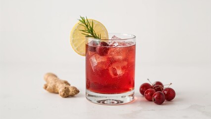 Holiday beverage featuring apple, cranberry, and citrus flavors in a sparkling mix, set against a light surface. Centered focus with room for writing.