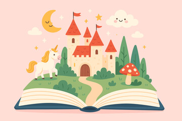 Fototapeta premium Magical fairytale storybook scene. Open book with fantasy castle, unicorn, winding path, enchanted forest, whimsical mushroom, crescent moon, stars, happy cloud. Imagination, childhood, vector art