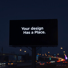 Large billboard with the text your design has a place,  set against a nighttime city background