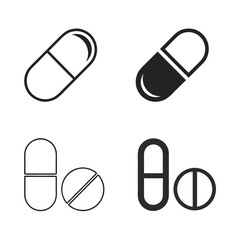 Four simple black and white icons of pills and capsules on a white background medicine health