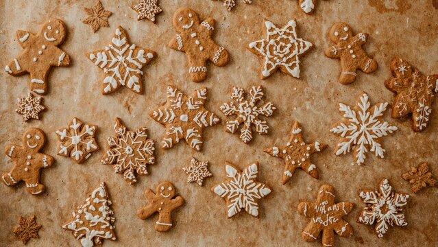 Seasonal gingerbread cookies with icing displayed on a baking sheet