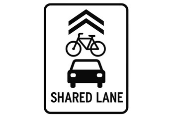 Shared lane road sign vector, car and bicycle symbol, street safety traffic sign, bike friendly transportation, urban city commuting, cycle route, motor vehicle sharing, lane marking illustration