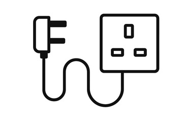 Electrical plug and socket outline icon, UK power connector minimal vector illustration, energy supply symbol, home appliance, black and white line art, electricity connection, power cord graphic