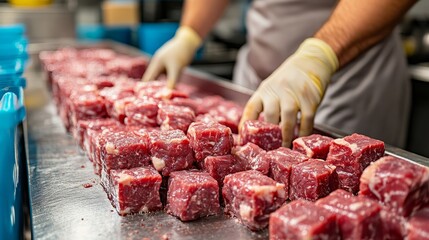 Expert hands expertly craft uniform beef cubes, showcasing quality meat preparation in a vibrant kitchen environment
