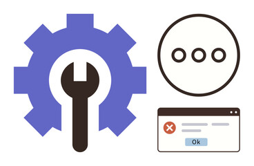 Gear with spanner for repair, error prompt on browser window, ellipsis for options. Ideal for tech support, maintenance, error handling, system design, problem-solving, IT tools simple flat metaphor