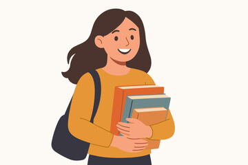 Female college student holding textbooks, ready for class or lecture, university education, studying and learning, academic success, back to school, flat vector illustration