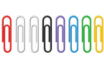A colorful row of eight paper clips in various bright colors including red white black purple blue green and yellow isolated on transparent background