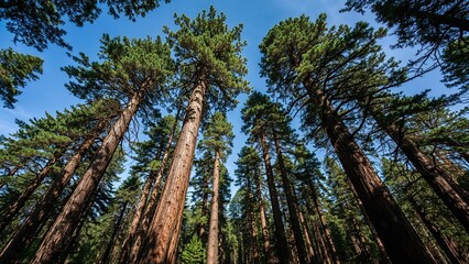 Fototapeta premium Looking up at towering ancient trees in a dense, untouched forest with a clear blue sky overhead.