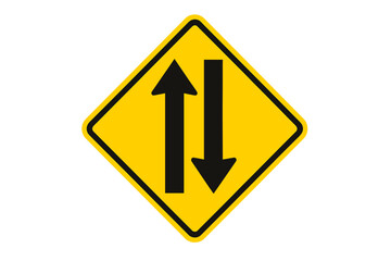 Two way traffic road sign warning yellow diamond, vector illustration, black arrows, highway navigation, transportation caution, traffic direction symbol, reflective safety signage, driving alert