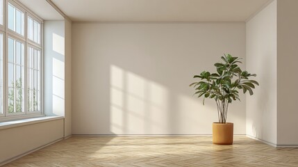 Fototapeta premium Bright, Minimalist Interior with Potted Plant and Natural Light, Ideal for Mockups and Design Presentations