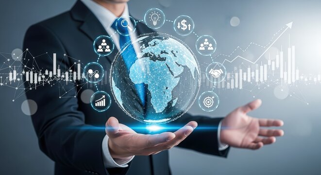 Businessman displaying futuristic global business network, digital technology interface, data analysis and global growth, innovation concept