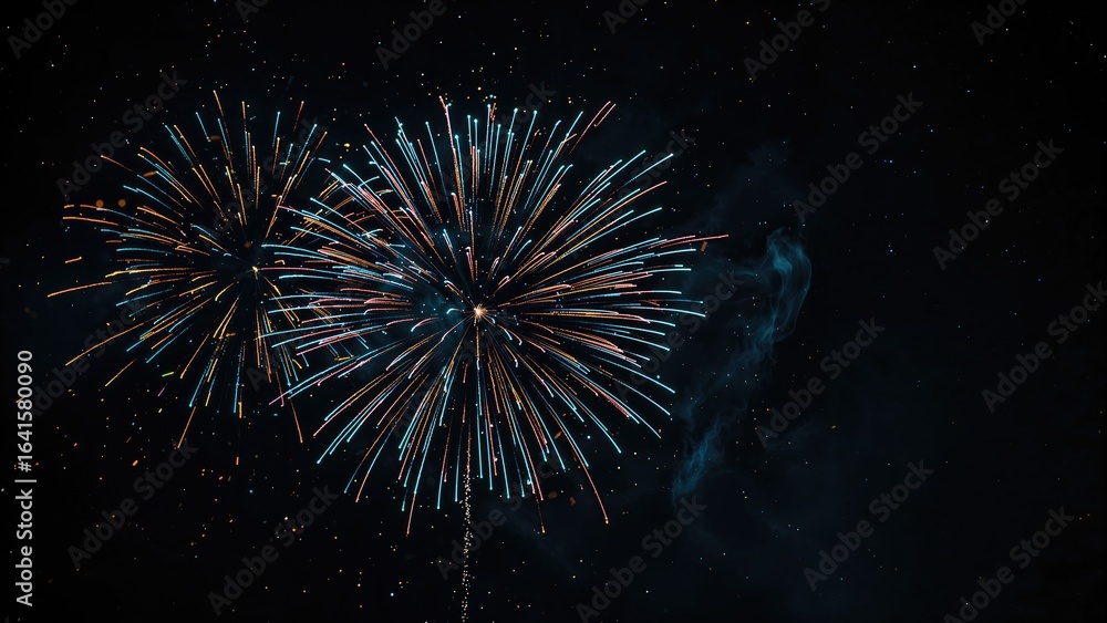 Poster radiant colorful fireworks exploding over a dark scene
