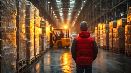 A worker observes glowing pallets and machinery in a busy warehouse as the sunset creates a warm glow