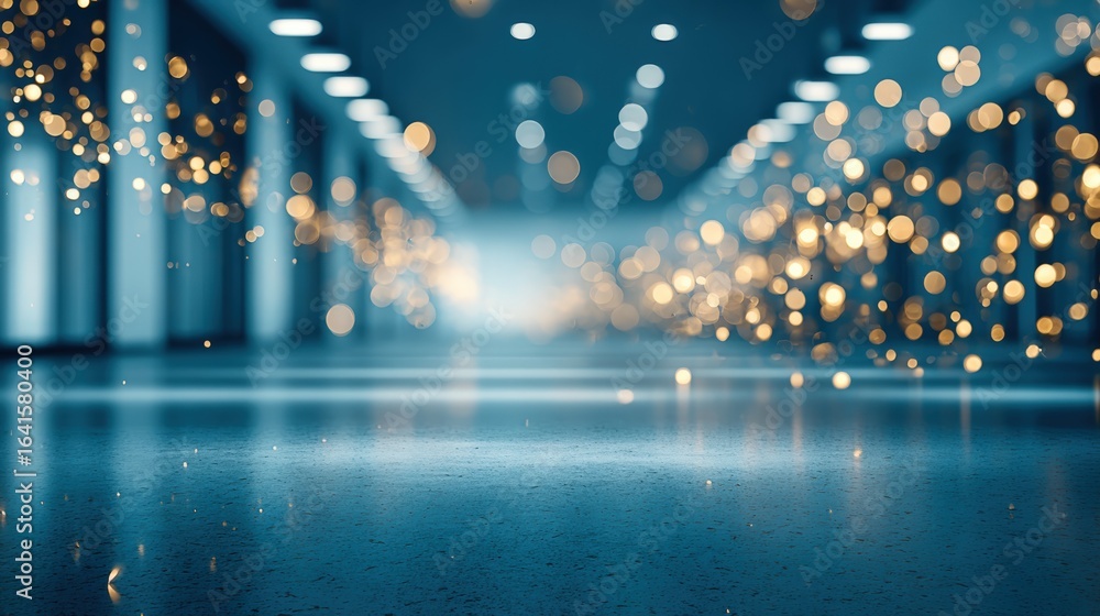Poster abstract illuminated corridor with bokeh effect, showcasing modern architecture and sparkling light 