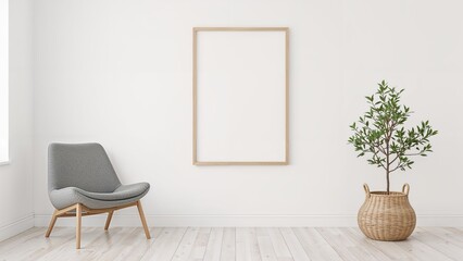 Empty vertical wooden picture frame on the floor in a white room with a gray recliner and a basket plant
