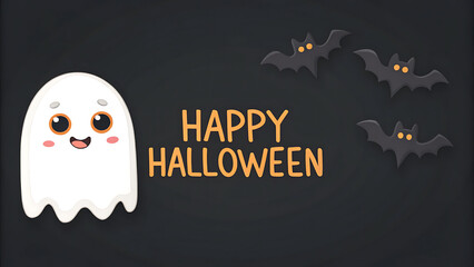 Adorable cartoon ghost with big eyes and a happy smile accompanied by flying bats and happy halloween text
