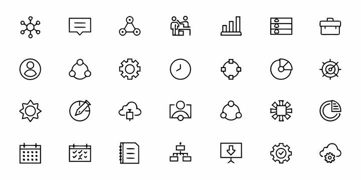 Fototapeta A comprehensive set of minimalist line art icons illustrating core operations processes and workflow management. Perfect for business consulting, project management tools, and corporate training mater