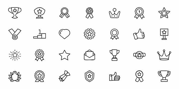 An inspiring collection of minimalist line art icons showcasing symbols of achievement and appreciation. Perfect for employee recognition programs, loyalty apps, and motivational branding