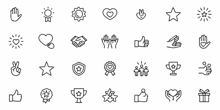 A polished set of icons highlighting gratitude, appreciation, and recognition gestures. Suitable for corporate rewards, thank you cards, and employee appreciation events