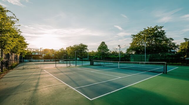 Vibrant outdoor tennis court on a sunny day showcasing recreational activity and healthy lifestyle
