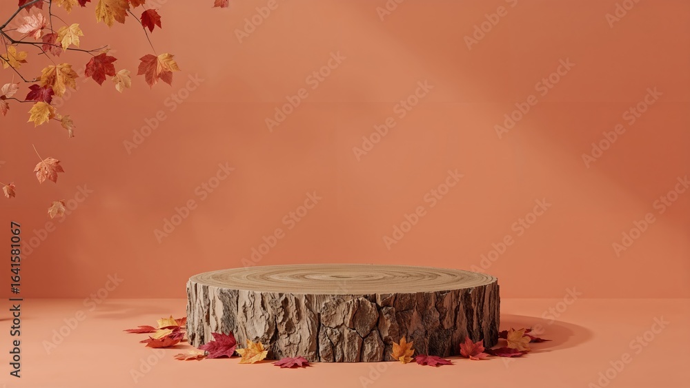 Poster autumn-themed display set on a raised surface with leaves drifting down. empty orange backdrop on a 
