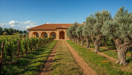 Fototapeta premium Stunning Winery Building With Terracotta Roof Nestled Among Lush Grapevines and Olive Trees on a Sunny Day in a Picturesque Landscape