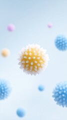 colorful abstract illustration of floating spherical shapes of various sizes, intricate textures and patterns, soft blue background, inspired by microscopic forms, artistic and decorative style